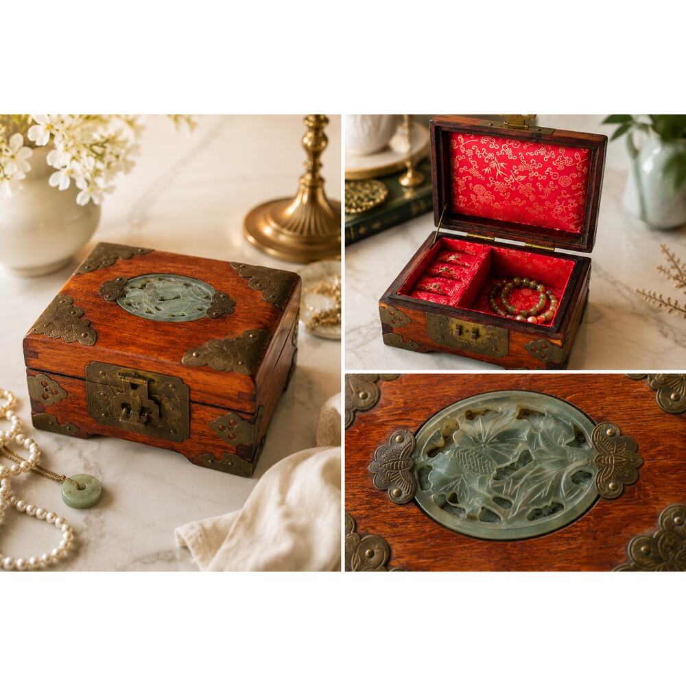 Vintage Jade Inlay Jewelry Box Red Silk Lined Brass Trim Curio Chest